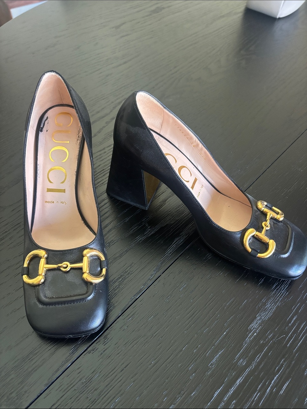 Gucci Black Leather Horsebit Block Heel Pumps